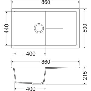 Technische Zeichnung der Miló Einbauspüle Adore 86 in Lava-Anthrazit mit Maßangaben.