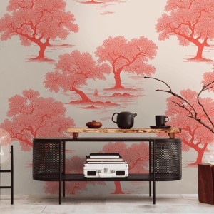 PROFHOME Fototapete mit asiatischem Landschaftsmotiv in Rot und Weiß.