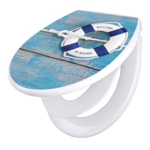 Banjado Familien WC-Sitz mit blauem Rettungsring Motiv auf Holzoptik, mit Absenkautomatik.