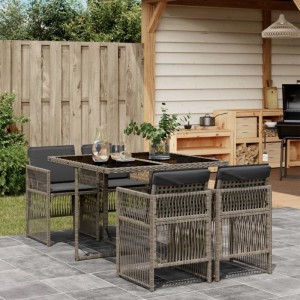Graue 5-tlg. vidaXL Garten-Essgruppe aus Poly Rattan mit Tisch, 4 Stühlen und dunklen Kissen.