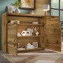 Modernes Sideboard in Eichenoptik mit schwarzem Metallgestell, offenen Türen, Regalböden und Schubladen für Wohnzimmer.