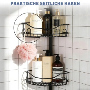 Schwarzes Sekey Teleskop Duschregal mit vier Körben und Duschutensilien in einer Badezimmer-Ecke.