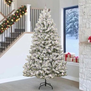 Künstlicher, grün-weißer Weihnachtsbaum (270 cm) mit LED-Lichtern und Kugeln, schneebedeckt.