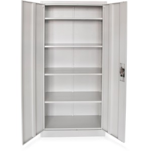 Offener, hellgrauer Rikta Metallschrank mit 4 Einlegeböden. Werkzeugschrank mit Flügeltüren.