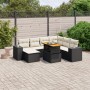 Schwarze 8-tlg. vidaXL Garten-Sofagarnitur aus Polyrattan mit cremefarbenen Kissen und höhenverstellbarem Tisch.
