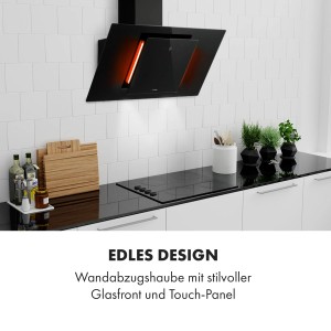 Schwarze Klarstein Eleonora 90 Dunstabzugshaube mit Ambiente-Licht in moderner Küche.