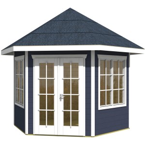 Skan Holz Pavillon Almelo, schiefergrau, 350x303 cm. Holz Gartenlaube mit Fenstern und Doppeltür.