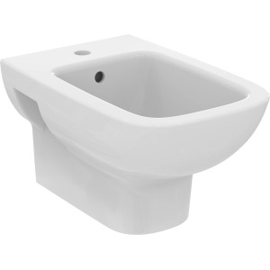 Weißes Ideal Standard Wandbidet i.life A aus Kristallporzellan mit Hahnloch und Überlauf.