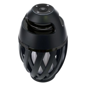 Schwarze LED-Tischleuchte Muna mit Bluetooth-Lautsprecher für den Außenbereich.