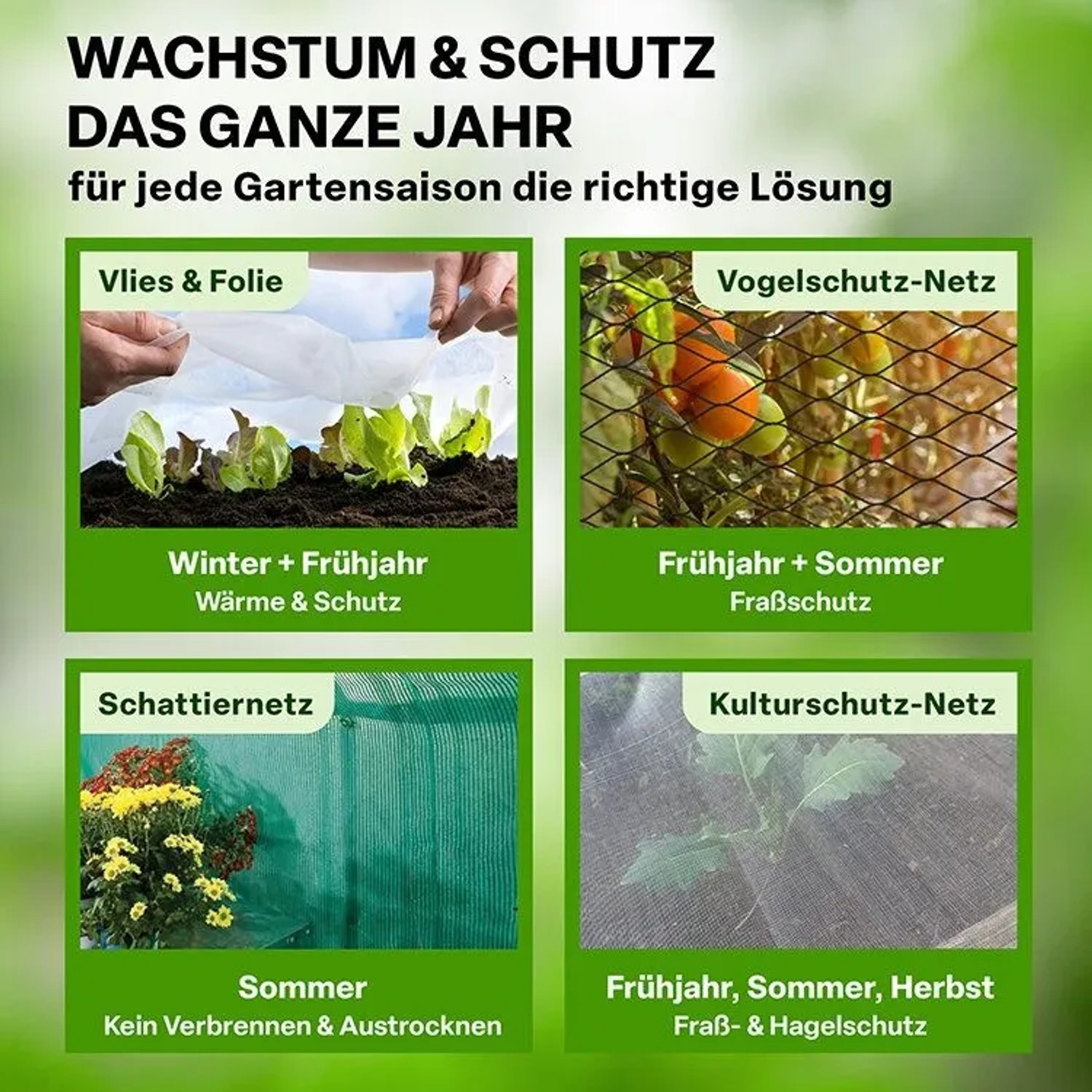 Pflanztunnel Anwendungen: Vlies für Wärme, Vogelschutznetz, Schattiernetz, Kulturschutznetz. Ganzjähriger Schutz für Pflanzen.