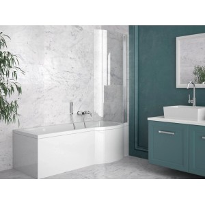 Weiße Rechteckbadewanne 160x70 cm, rechts gebogen, mit Acrylschürze & Glasabtrennung in modernem Bad.
