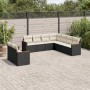 Schwarze 9-tlg. vidaXL Garten-Sofagarnitur aus Poly Rattan mit cremefarbenen Kissen.
