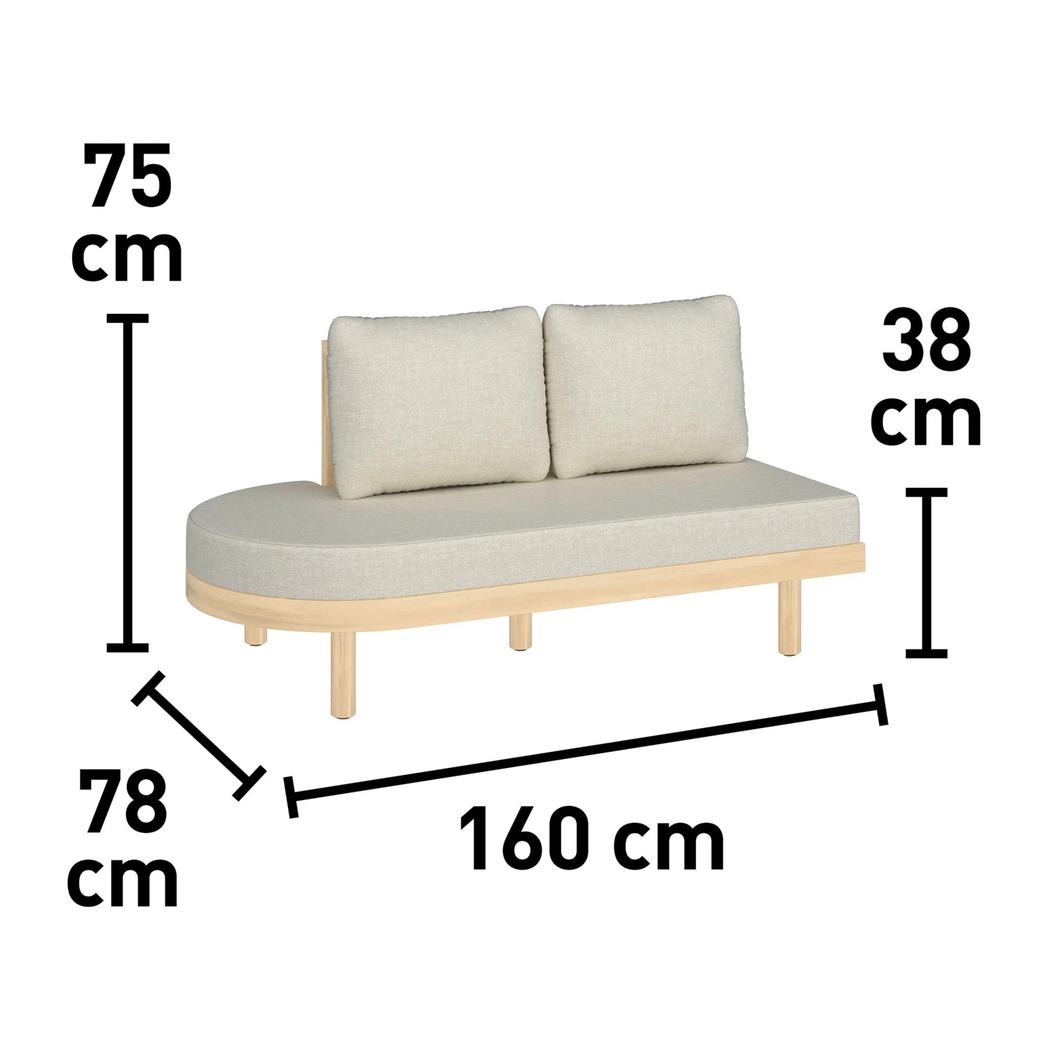 Modulare Gartenlounge Waldport, 2-Sitzer aus Akazienholz mit beigen Kissen und Maßangaben.