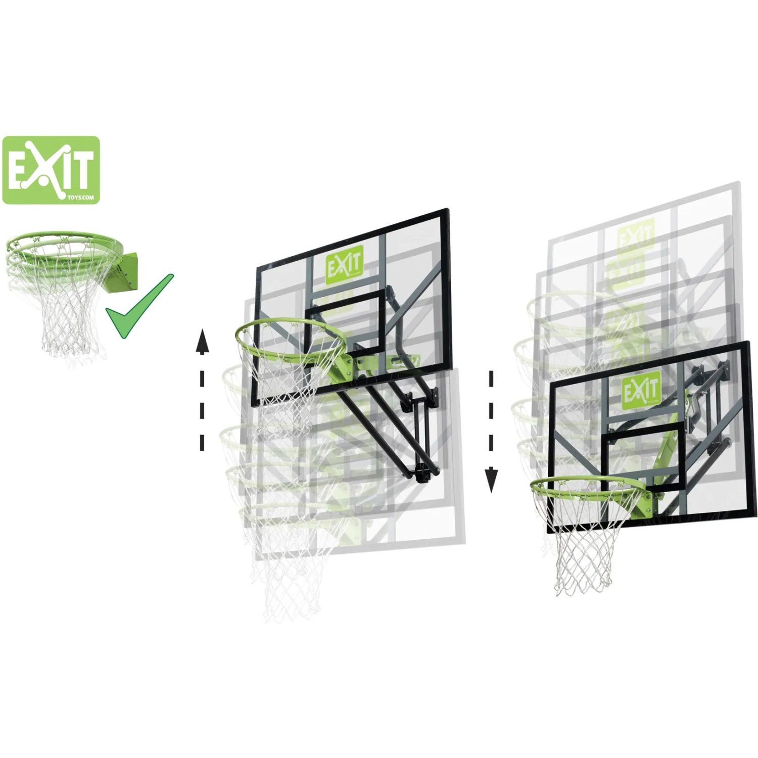 EXIT Galaxy Basketballkorb zur Wandmontage, höhenverstellbar, mit Dunkring in Grün/Schwarz.
