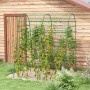 Grüne Outsunny Rankhilfe aus Stahl mit Tomatenpflanzen vor Holzwand. Ideal als Garten Spalier.