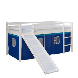Homestyle4u Hochbett 90x200 mit Vorhang Lattenrost Matratze Rutsche in Weiß 2570