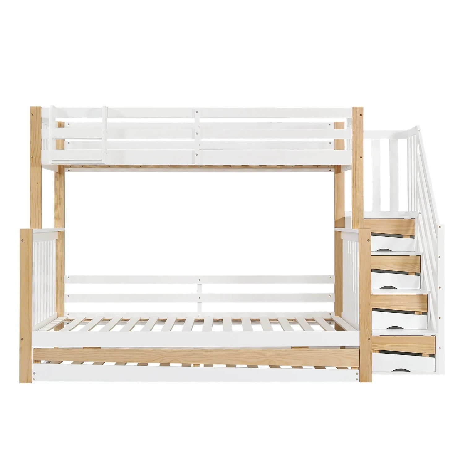 KOMHTOM Etagenbett 90x200+120x200Cm Kinderbett Mit Fallschutz Und Gitter Rollbett Ecktreppe Kiefer+Mdf Weiß+Natur Ohne Matratze
