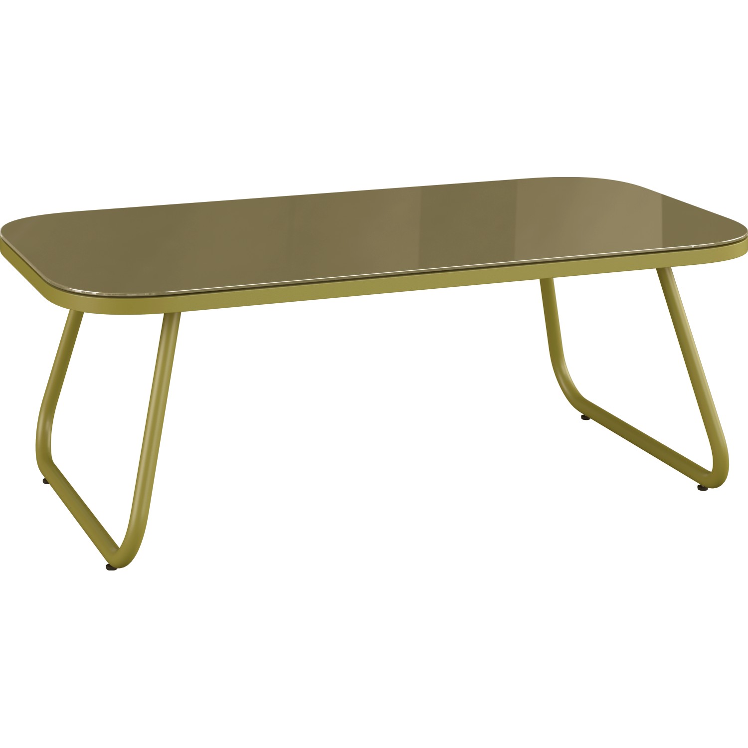 Olivfarbener Esstisch aus dem 4-teiligen Lounge-Set Scafford mit Glasplatte und Metallgestell.