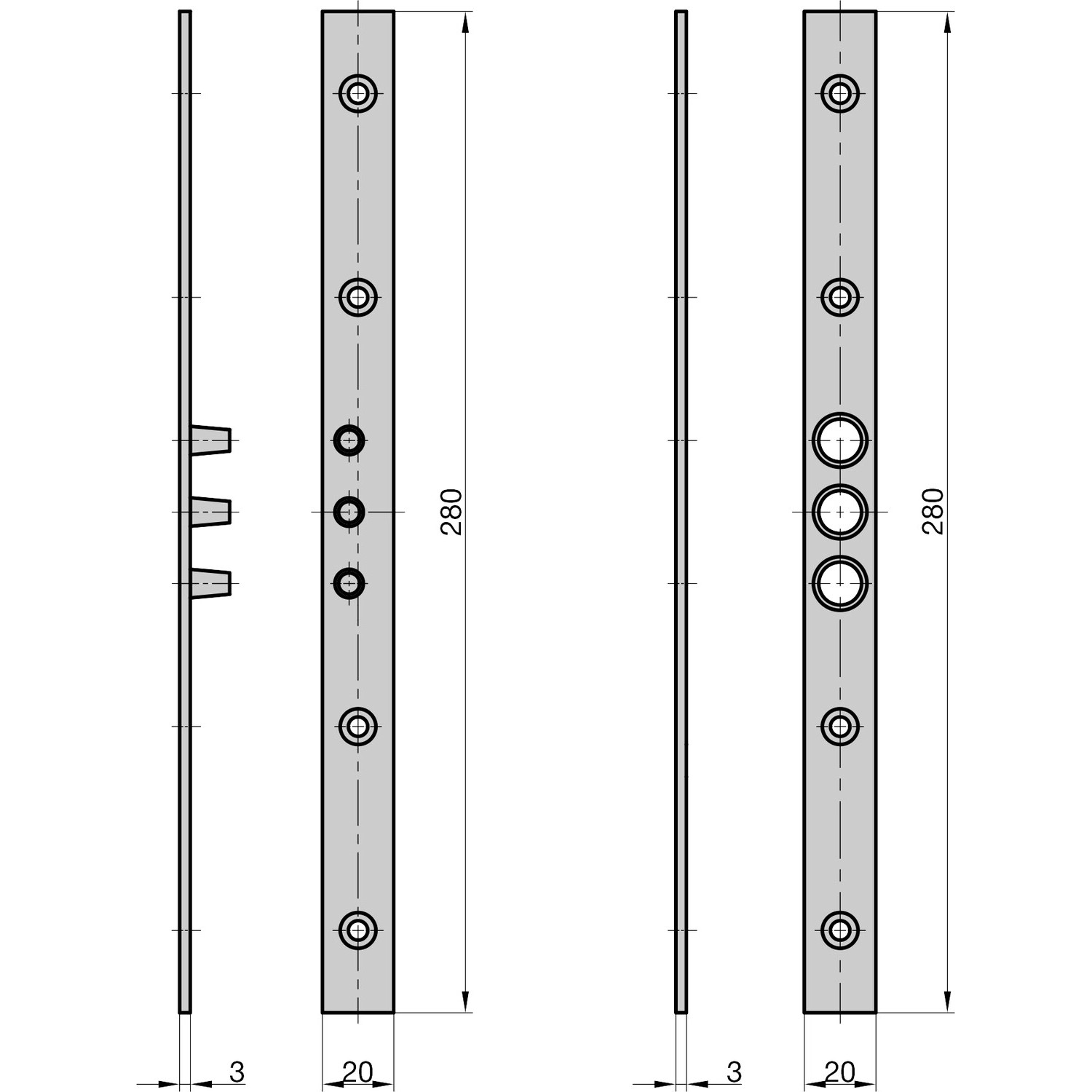 Basi Bändersicherung BS 280 mit 3 Zapfen und Schrauben 280x20