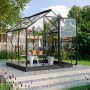 Schwarzes Vitavia Gewächshaus Triton 3800 ESG mit Zubehör im Garten.