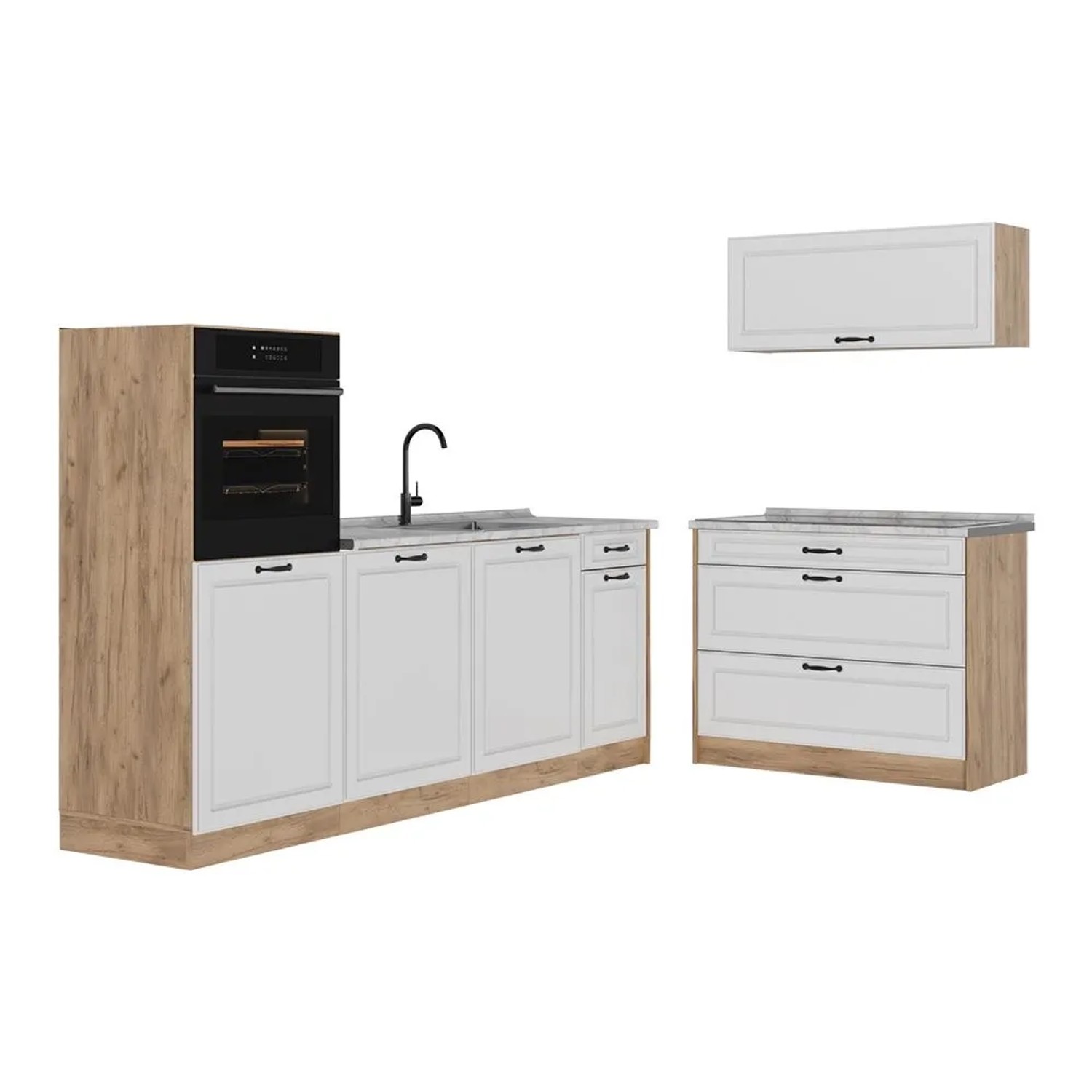 Vicco Küchenzeile R-Line Weiß Landhaus/Goldkraft Eiche 220 x 143 Arbeitsplatte Marmor Art Nr 68132