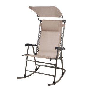 Beiger, faltbarer Svita Schaukelstuhl mit Sonnenschutz, Kopfstütze und Armlehnen für den Garten.