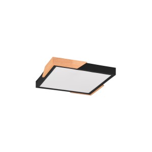 Moderne, dimmbare LED-Deckenleuchte Meta, schwarz matt mit Holzoptik, 31,5x31,5 cm.