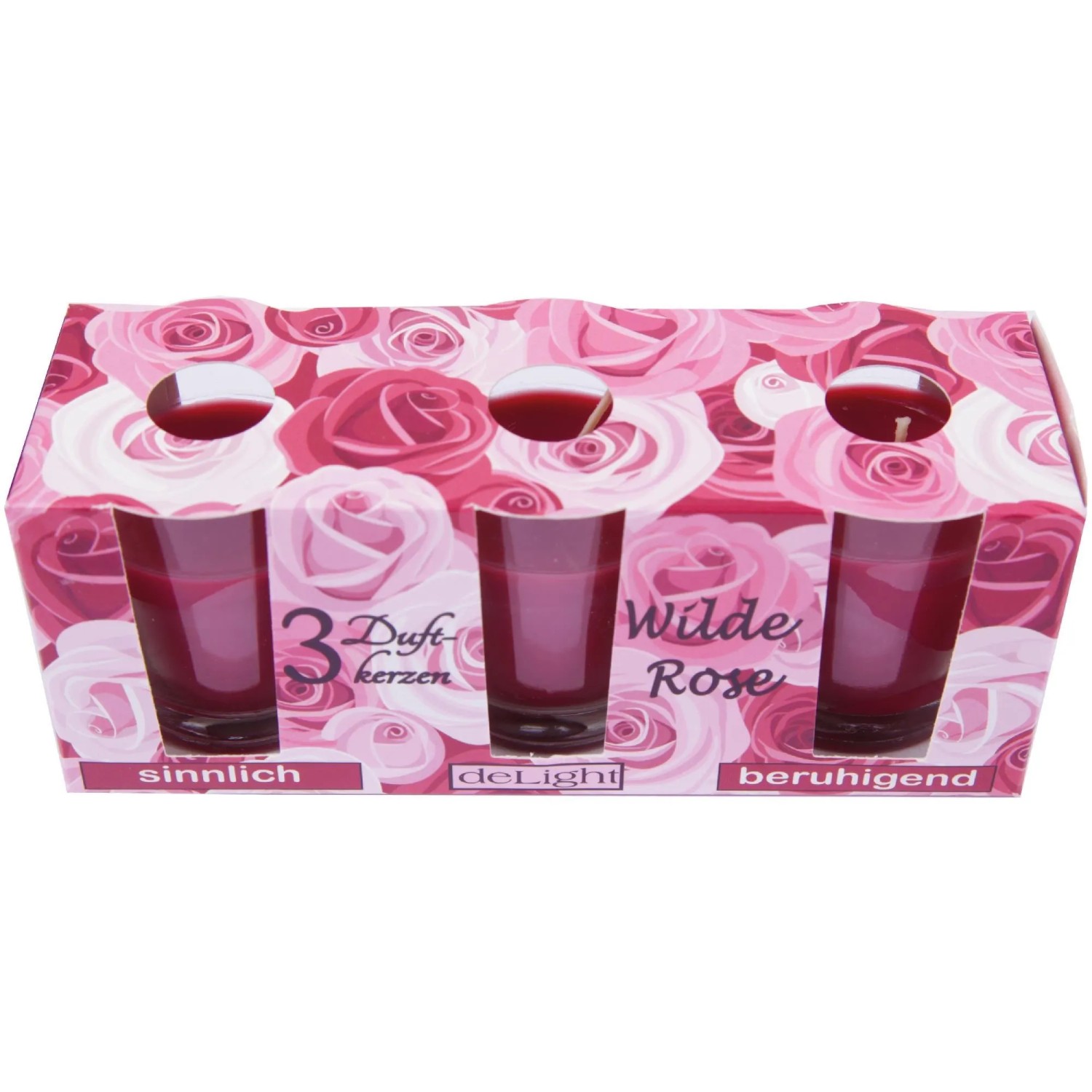 HS Candle Duftkerzen Classic, 3er Pack Wilde Rose im dekorativen Rosenkarton.