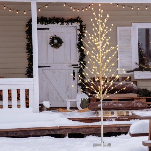 155cm Costway LED Lichterbaum mit warmweißen Lichtern auf silbernen Zweigen im Schnee. Künstlicher Weihnachtsbaum.