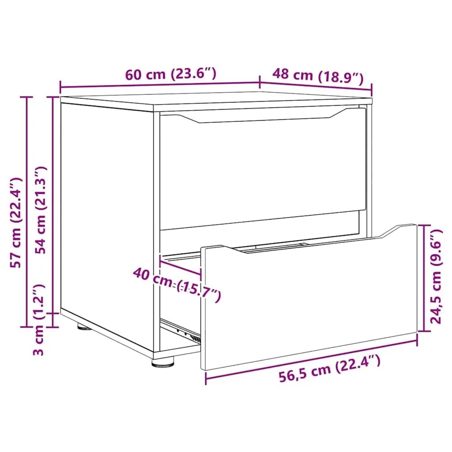 Schwarzer vidaXL Aufbewahrungsschrank (60x48x57cm) aus Holzwerkstoff mit zwei Schubladen. Ideal für Wohnzimmer.