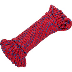 Rotes Polypropylen Seil, 6 mm Durchmesser, mit blauem Kennfaden, aufgerollt.