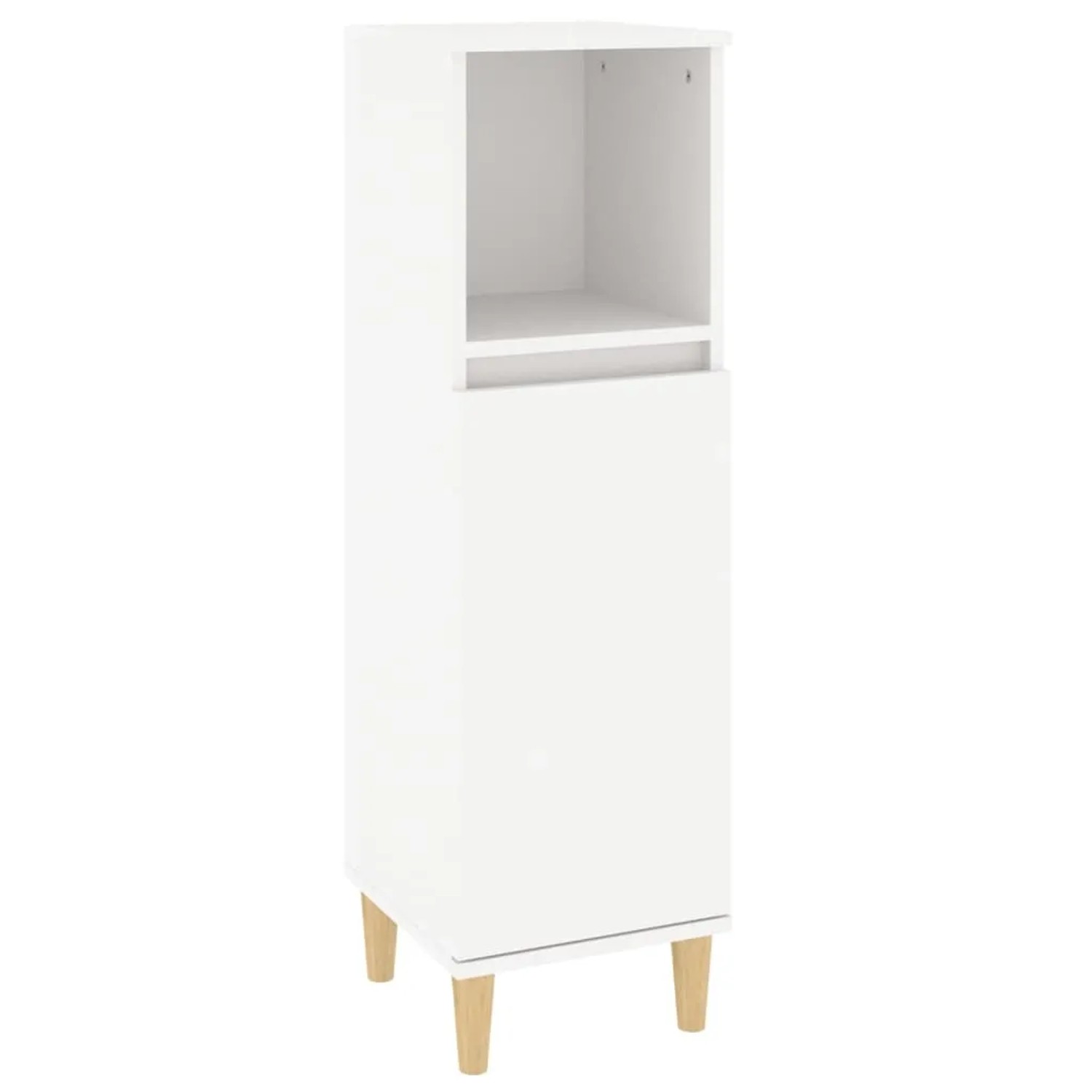 Weißer, schmaler Bad-Hochschrank aus Holzwerkstoff mit offenen Fächern und Füßen aus Eukalyptusholz.