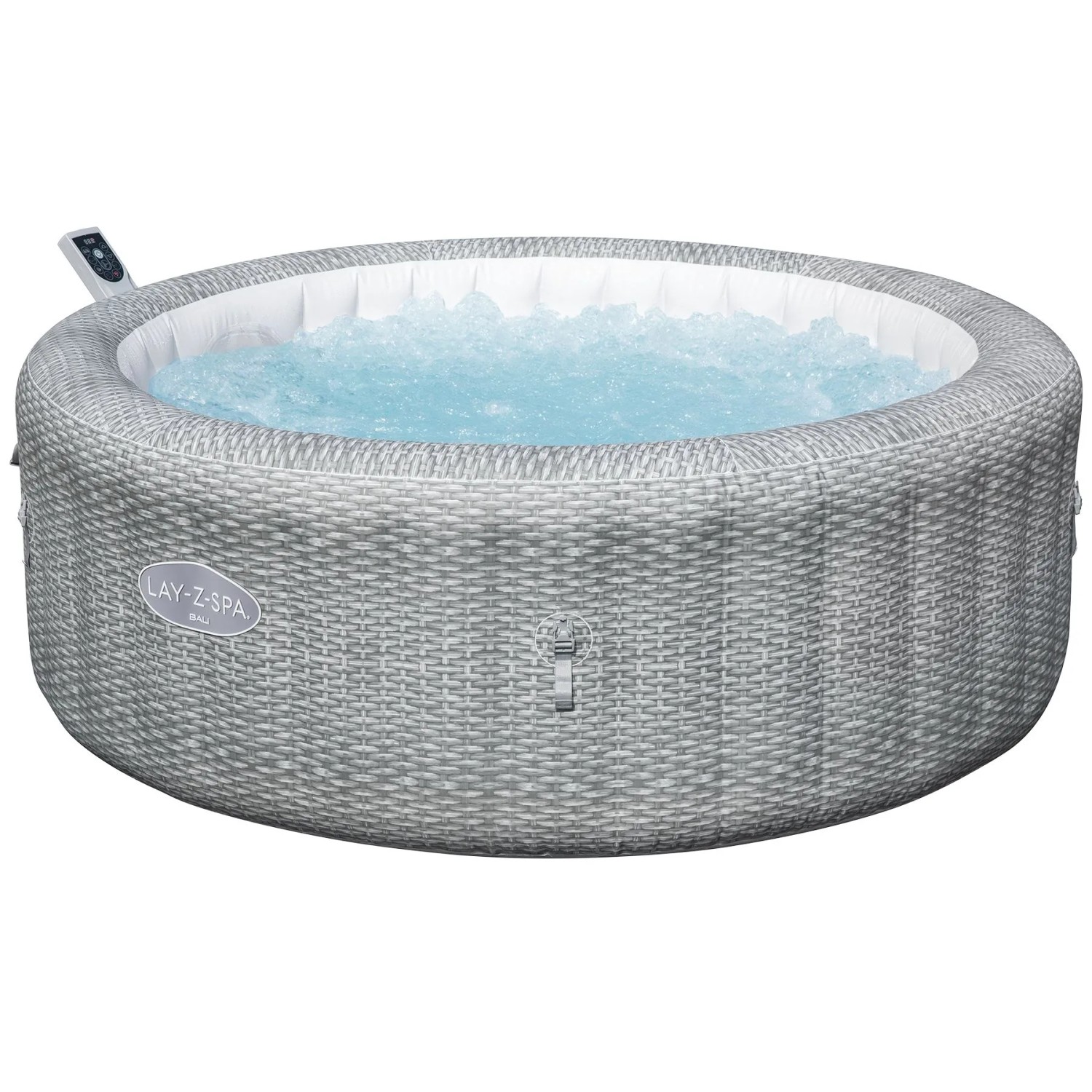 Runder, grauer Bestway Bali AirJet Aufblas-Whirlpool in Rattan-Optik mit sprudelndem Wasser für 6 Personen.