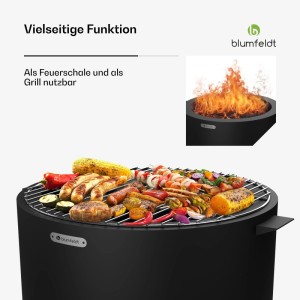 Blumfeldt Ignite Pure Feuerschale mit Grillrost und Speisen, raucharme Feuerstelle.