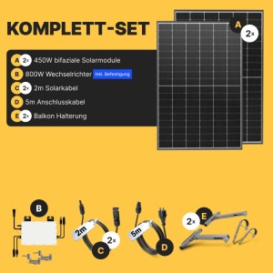 Solakon Balkonkraftwerk 900W Solaranlage mit Balkonhalterung Steckerfertig Komplettset Photovoltaik 800W Kabellänge 5m