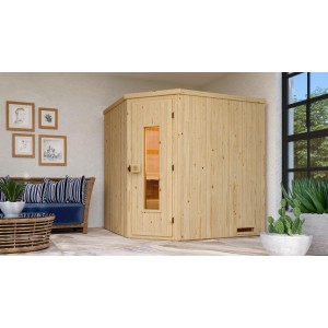 Weka Element-Ecksauna Varberg 2 Sparset mit Holztür und 7,5 kW Ofen.