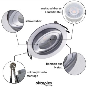 Oktaplex Einbauleuchte Lyon, 6er Set, schwenkbar, dimmbar, warmweiß, Aluminium Deckenspot.
