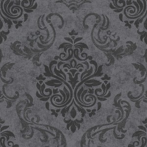 Schwarze Vliestapete mit dunklem, barockem Ornamentmuster und strukturierter Oberfläche. Tadessi Dekorative Tapete.