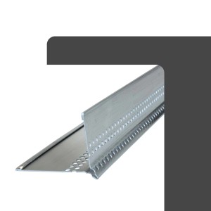 Silberne Aluminium Kiesfangleiste mit Tropfkante und Lochung. Robustes Dachblech zur Abgrenzung von Schüttgut auf Balkon/Terrasse.
