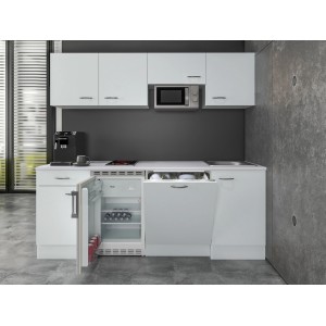 Flex-Well Classic Büroküche Wito, 210 cm, Weiß mit E-Geräten: Kühlschrank, Geschirrspüler, Mikrowelle, Kochfeld.