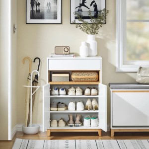SoBuy Sideboard FSB97-WN, weiß/natur, mit Schuhen im offenen Schrank. Kommode für Flur oder Diele.