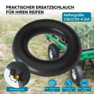 Schwarzer Wiltec Schlauch 2.8/2.50-4 mit Winkelventil TR87 für Schubkarren, 80kg Tragkraft.
