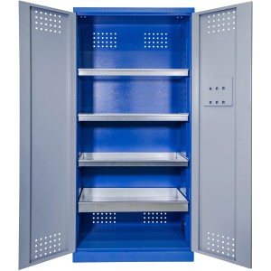Geöffneter, blauer Güde Umweltschrank TYP II aus Stahl mit 4 Zinkwannen. Werkzeugschrank für die sichere Aufbewahrung.