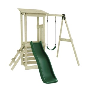 Rebo Spielturm Lyon aus Fichtenholz mit Rutsche, Schaukel und Kletterwand.