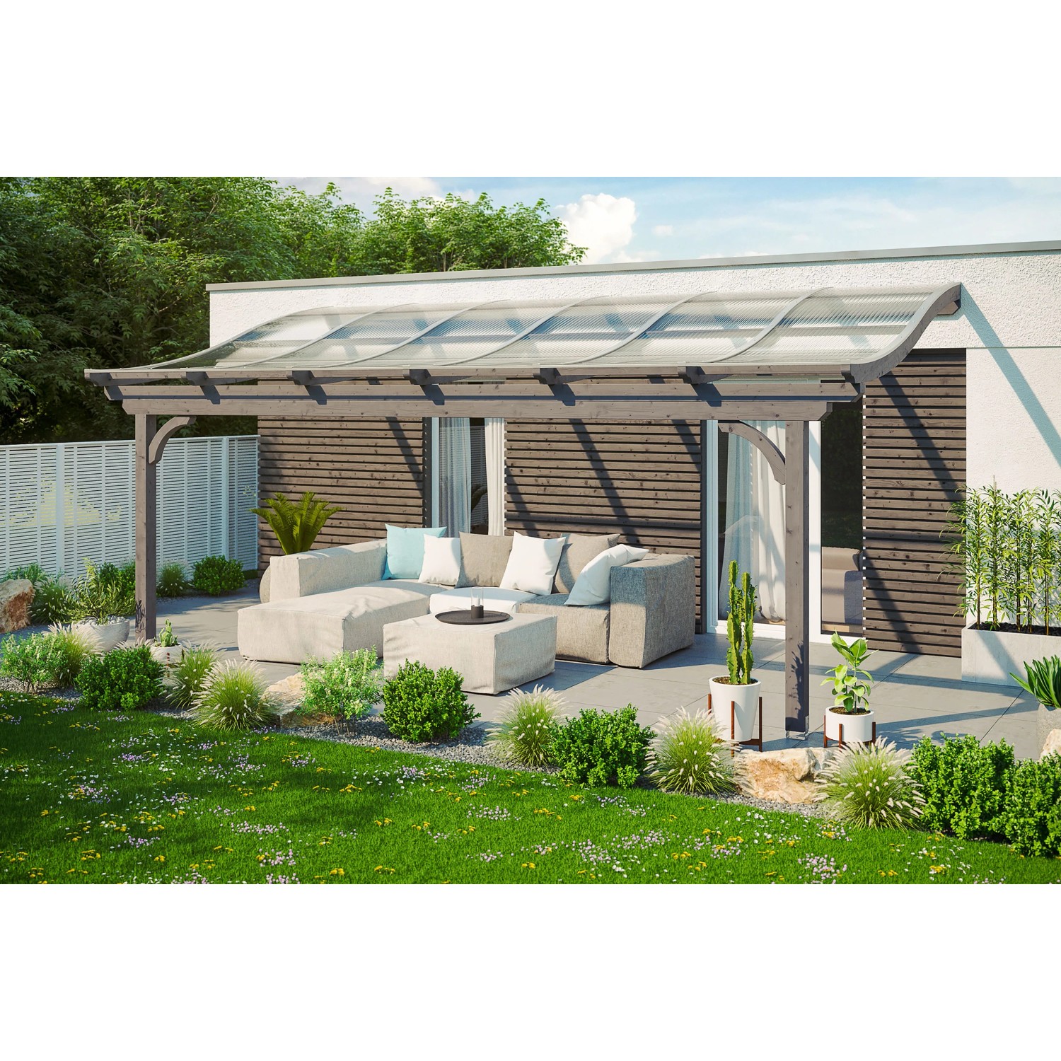 Skan Holz Terrassenüberdachung Verona 648 x 389 cm Leimholz Schiefergrau günstig online kaufen