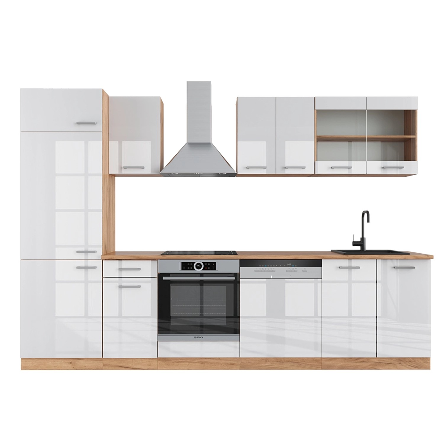 Vicco R-Line Küchenzeile Weiß Hochglanz/Goldkraft Eiche 300 cm ohne Arbeits günstig online kaufen