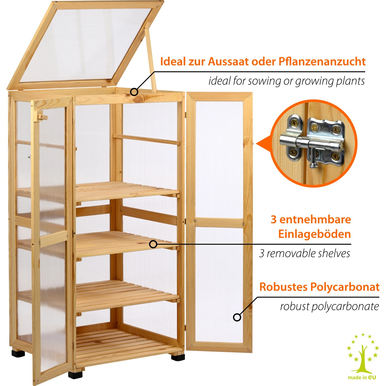 Dobar Anzuchtschrank Dome, großes Indoor Gewächshaus aus FSC®-Kiefernholz mit drei Regalböden.