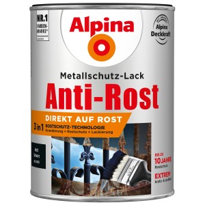Dose Alpina Metallschutz-Lack Anti-Rost, schwarz matt, 2,5 l. Rostschutzlack für Eisen und Nichteisenmetalle.