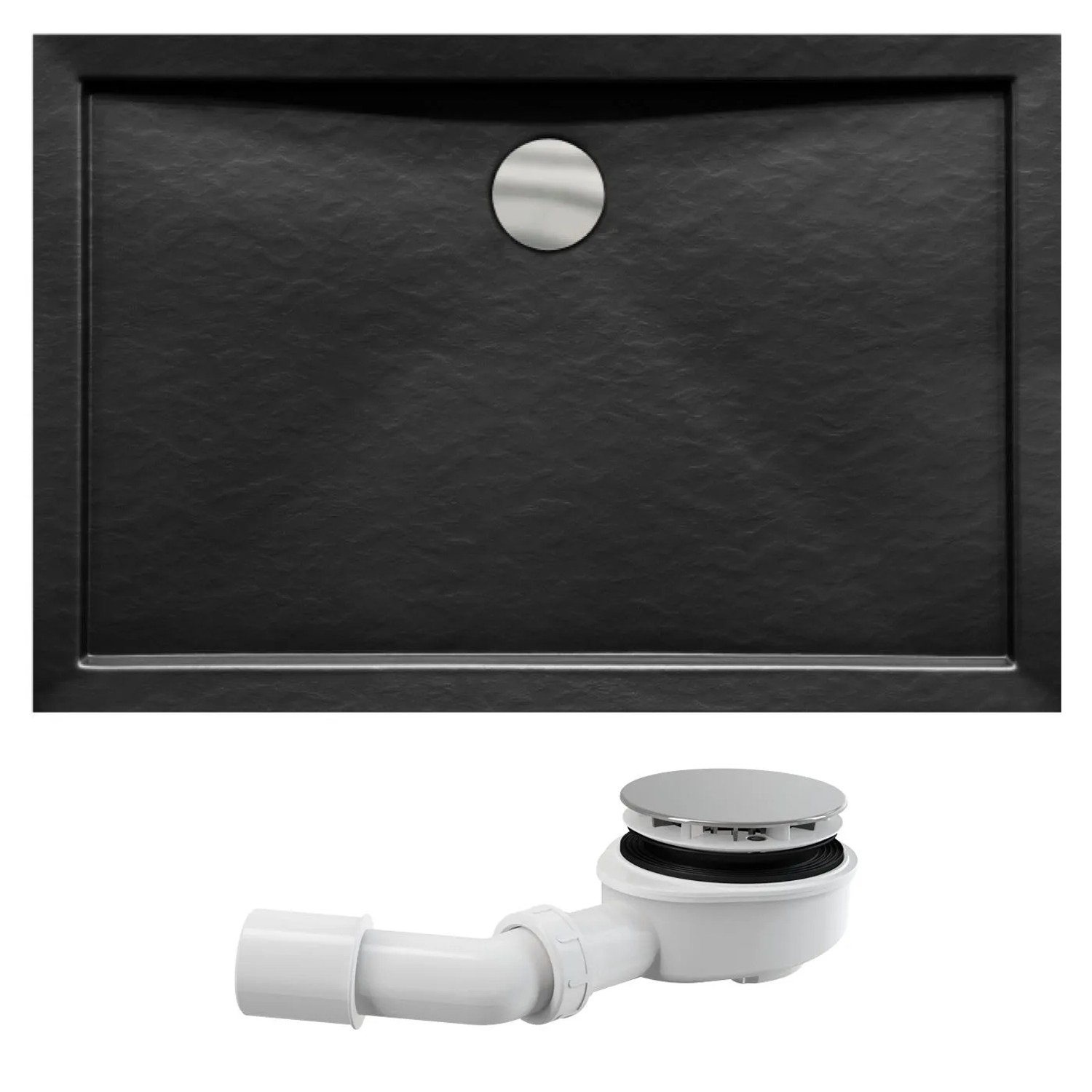 KOLMAN DUSCHWANNE Rechteckig Schwarz Steinoptik 100x80 cm Set mit Ablaufgarnitur und Füßen