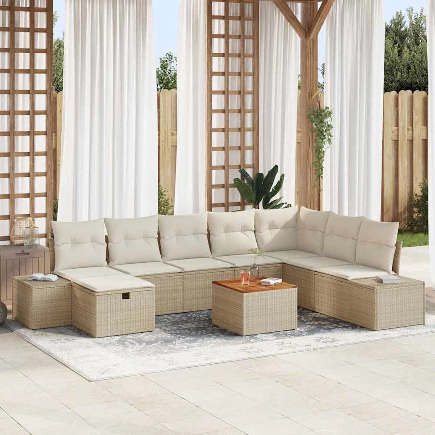 Beiges 9-teiliges vidaXL Garten-Sofa-Set aus Poly Rattan mit Kissen und Stauraum.